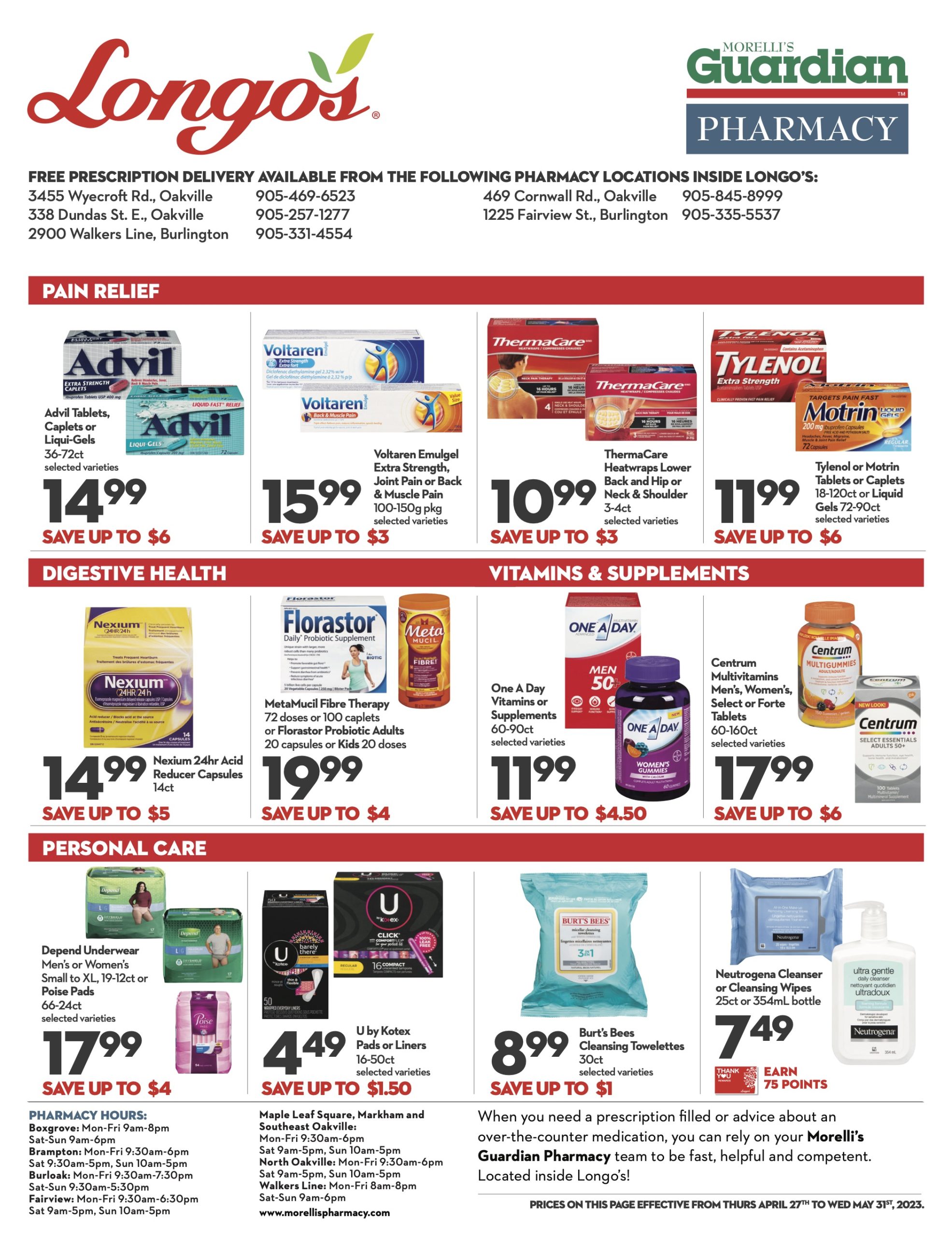 Flyer for Longo's Guardian Morelli's Pharmacy in the Greater Hamilton and Toronto Area